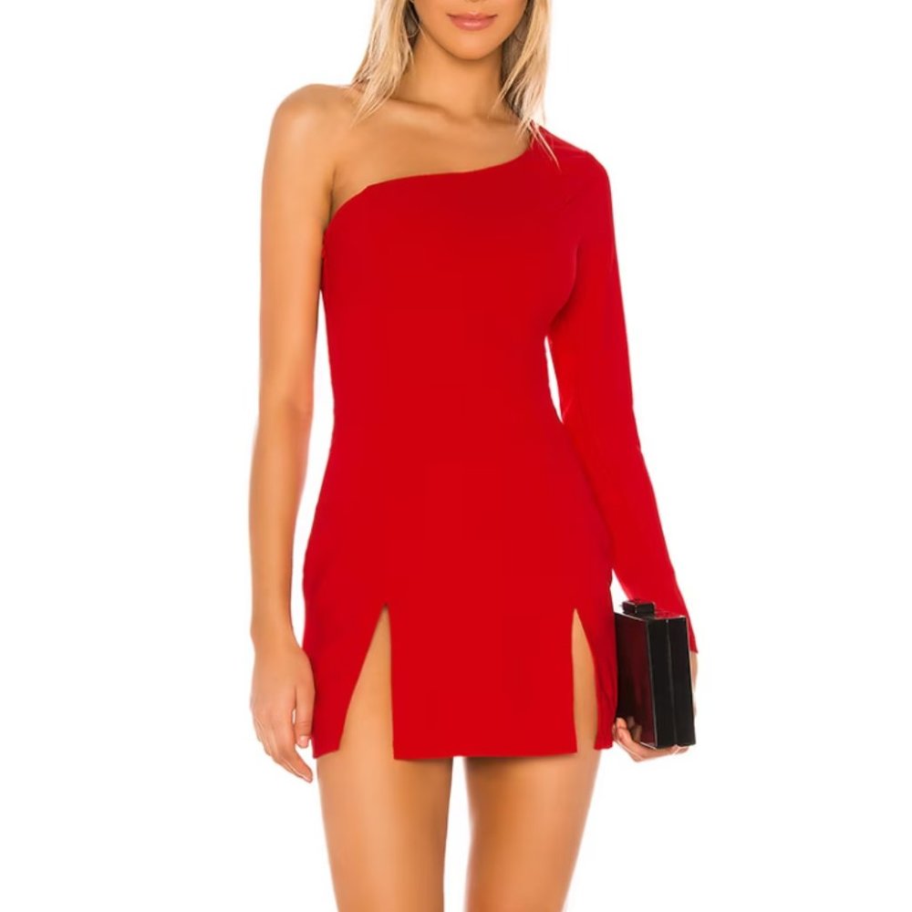 Superdown Rosalie - Red Double Slit Mini Dress One Shoulder Long Sleeve